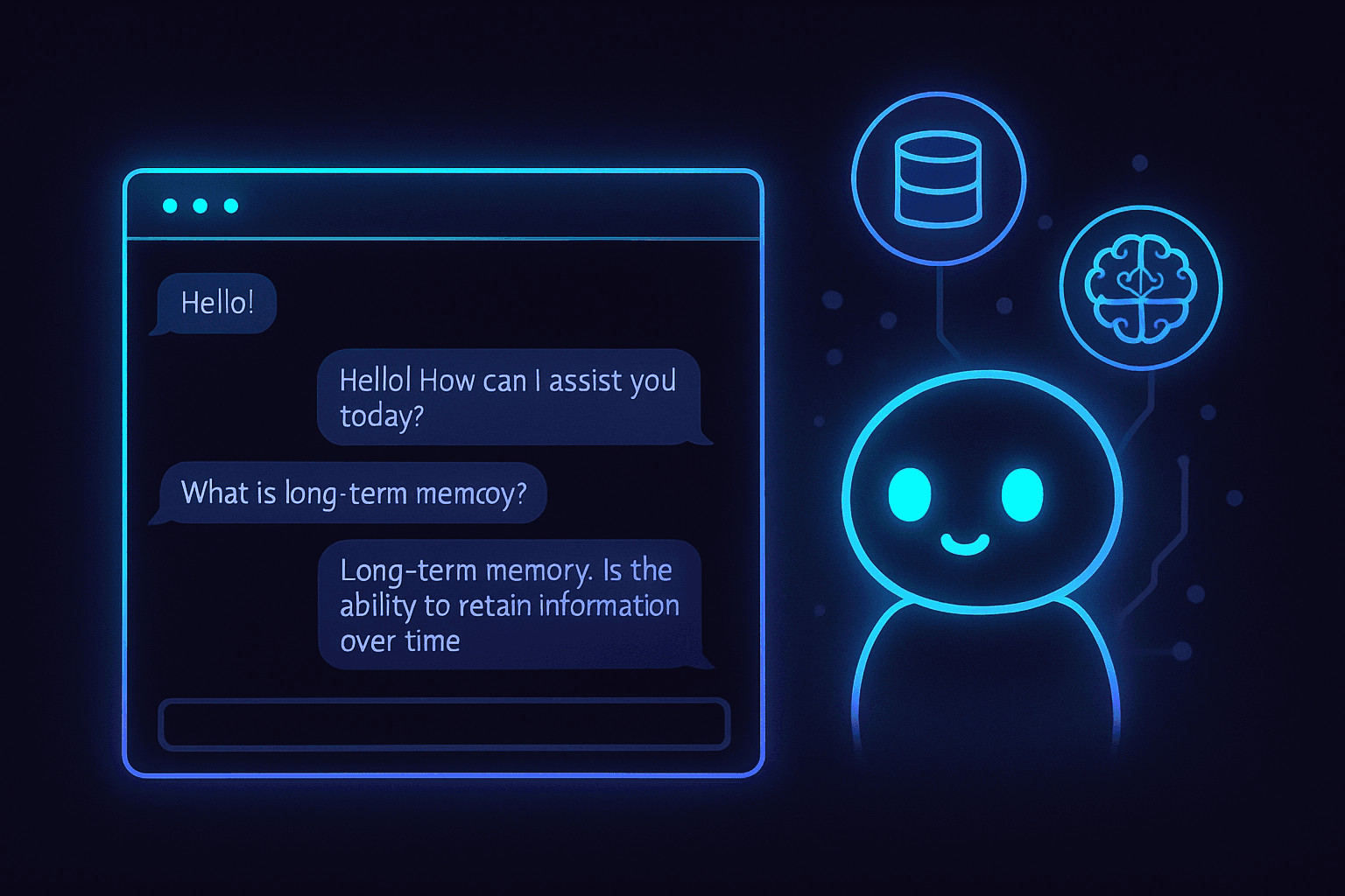 Illustration of an AI chatbot in a terminal with memory recall features